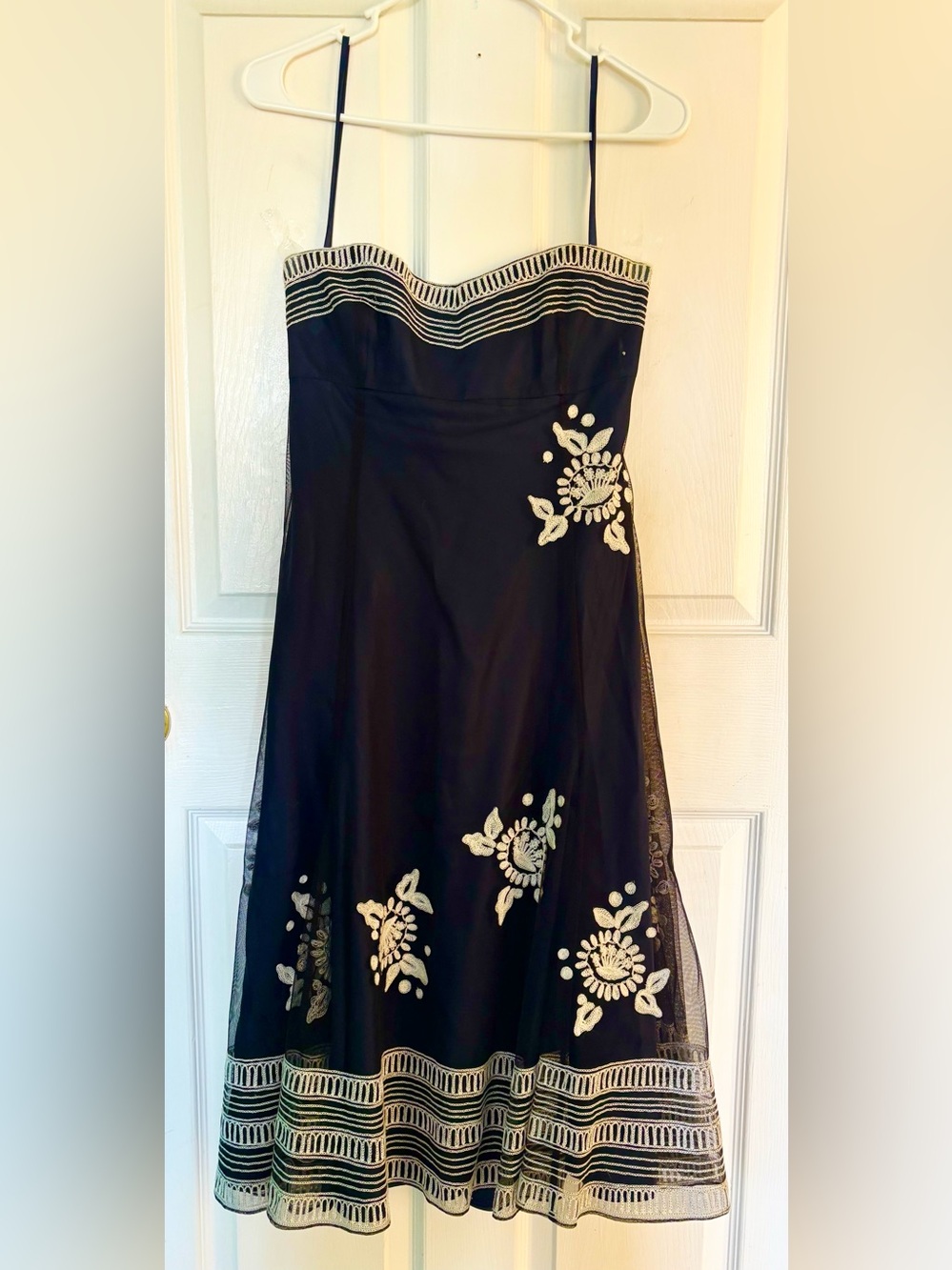 Black Strapless Dress with Cream Floral Embroidery